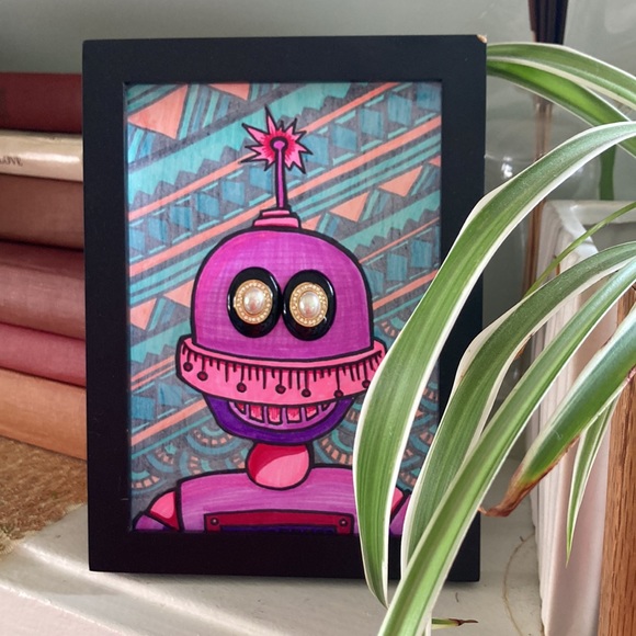 Costume Jewelry Vintage Earrings Holder Original Sharpie Robot Artwork by Rozine - Picture 6 of 6